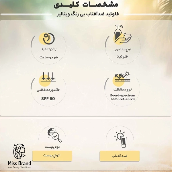 فلوئید ضدآفتاب بی‌رنگ ویتالیر SPF50 مدل Whitevit مناسب انواع پوست، حجم 50 میلی‌لیتر