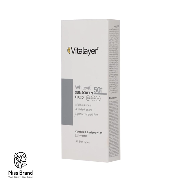 فلوئید ضدآفتاب بی‌رنگ ویتالیر SPF50 مدل Whitevit مناسب انواع پوست، حجم 50 میلی‌لیتر