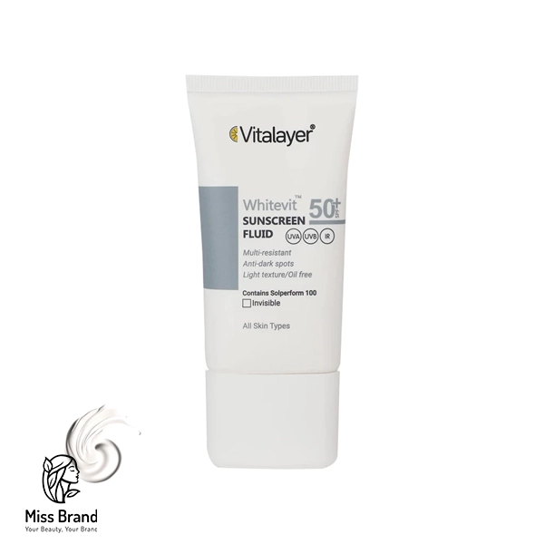 فلوئید ضدآفتاب بی‌رنگ ویتالیر SPF50 مدل Whitevit مناسب انواع پوست، حجم 50 میلی‌لیتر